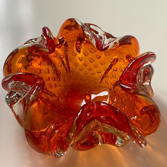 Vintage Barovier & Toso Orange Murano Glass Glass Bowl w/ silver leaf inclusions - Picture 2 of 13